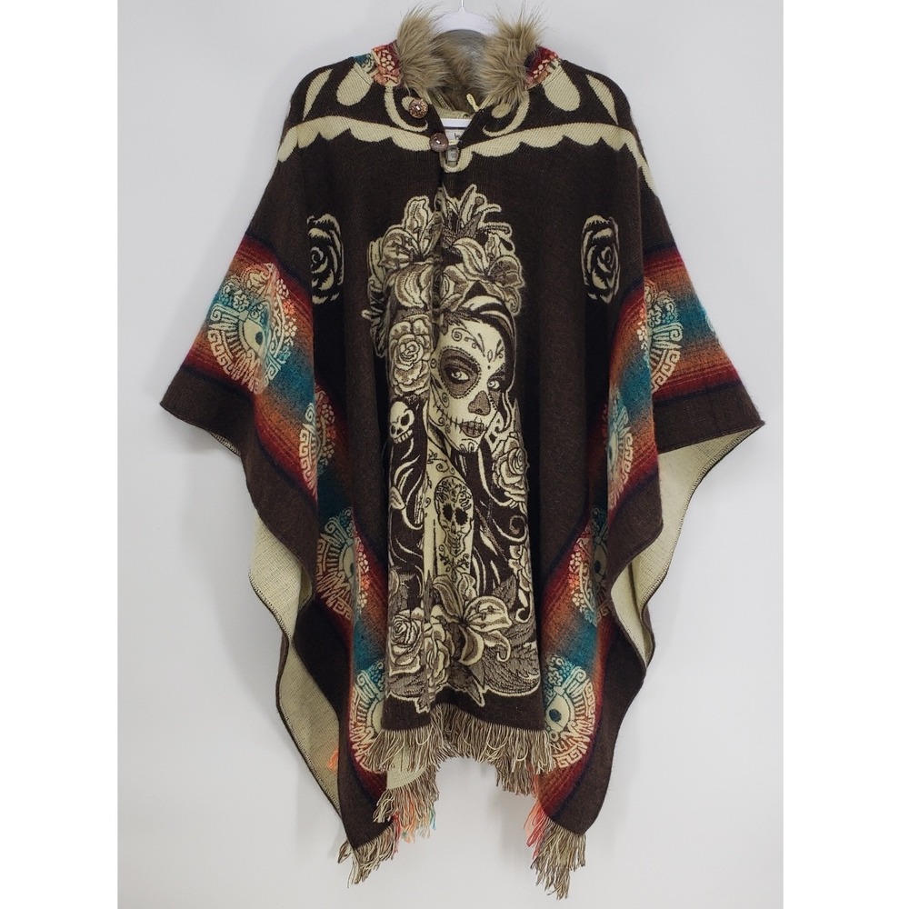 Milma's Crafts Sugar Skull Alpaca Wool Poncho Women One Size Brown Faux Fur Hood